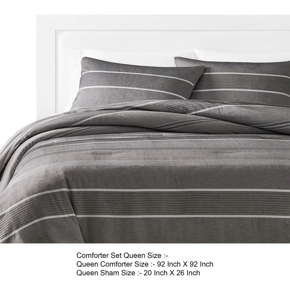 Arlo 3 Piece Queen Size Comforter Set Striped Woven Jacquard Soft Gray By Casagear Home BM304764