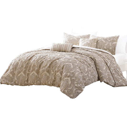 Kile Modern 6 Piece King Size Duvet Comforter Set, Beige Medallion Pattern By Casagear Home