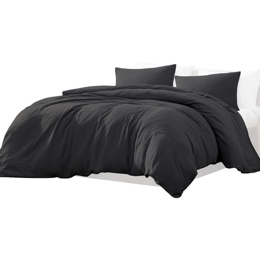 Uvi 3 Piece Queen Comforter Set, Cotton, Natural Crinkled Texture, Black By Casagear Home