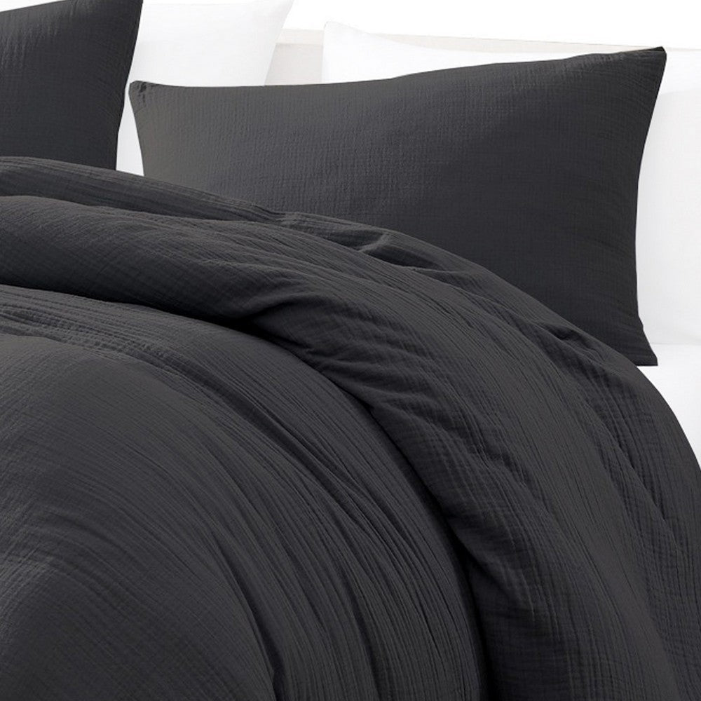 Uvi 3 Piece Queen Comforter Set Cotton Natural Crinkled Texture Black By Casagear Home BM304780