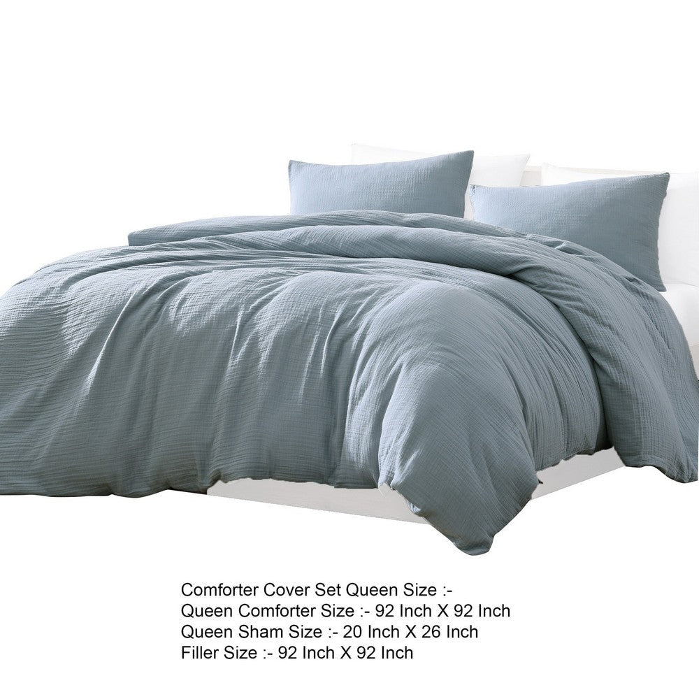 Uvi 3 Piece Queen Comforter Set Cotton Natural Crinkled Texture Blue By Casagear Home BM304782