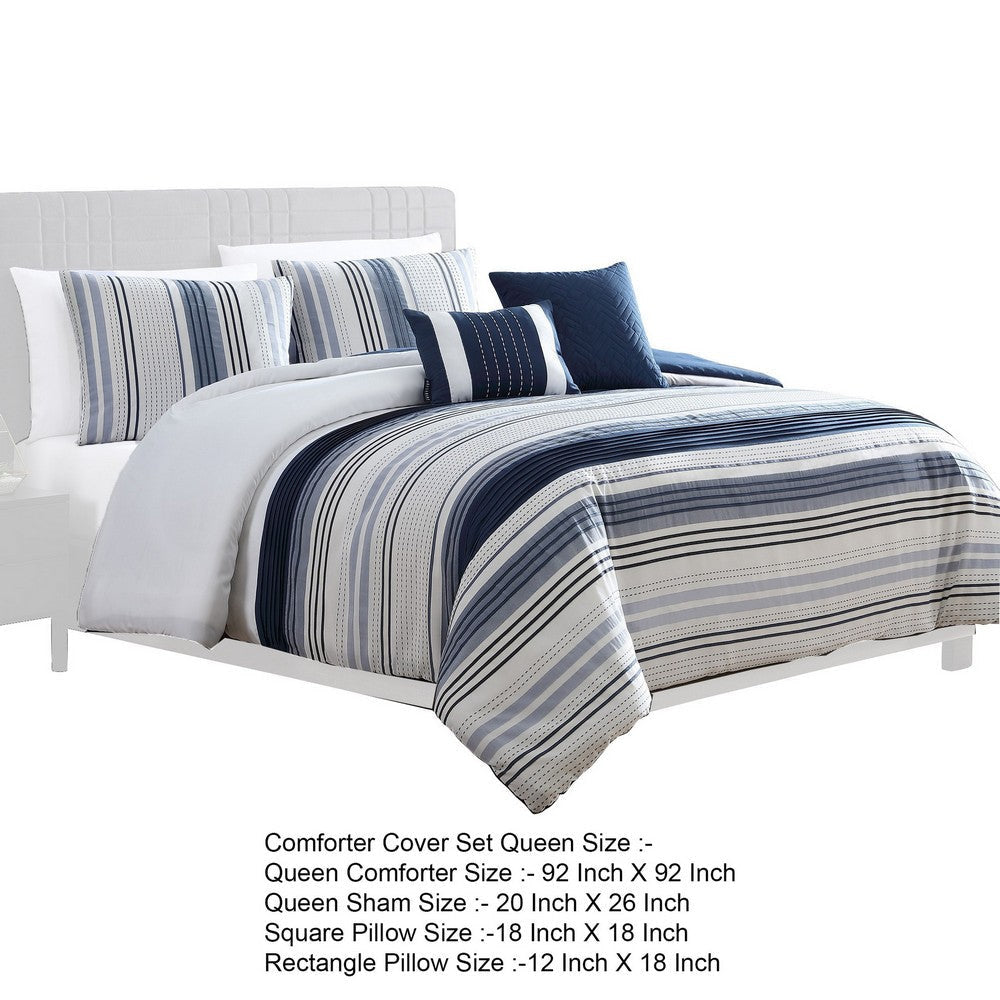 Alfa 5 Piece Queen Comforter Set Jacquard Woven Stripes Blue White By Casagear Home BM304784