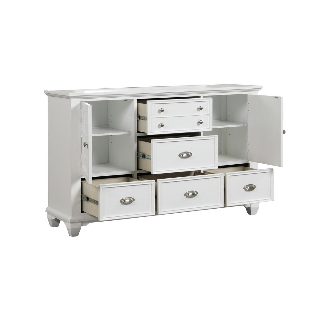 Jims 61 Inch Wood Dresser 2 Cabinets 5 Drawers Cup Handles Crisp White By Casagear Home BM304792