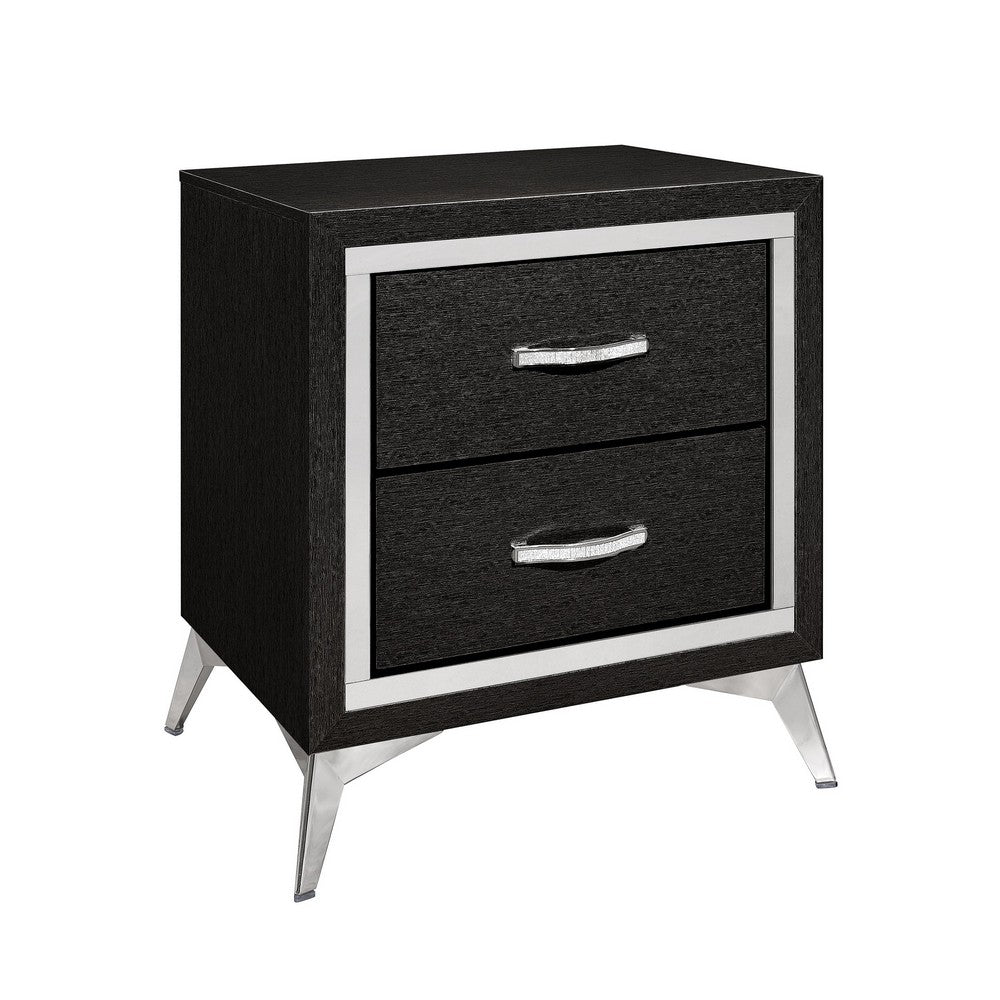 Haya 24 Inch 2 Drawer Nightstand Embossed Jet Black Wood Silver Trim By Casagear Home BM304794