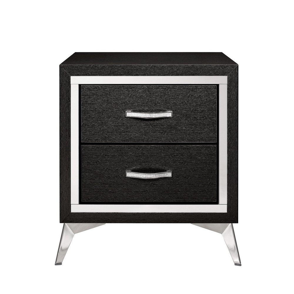 Haya 24 Inch 2 Drawer Nightstand Embossed Jet Black Wood Silver Trim By Casagear Home BM304794