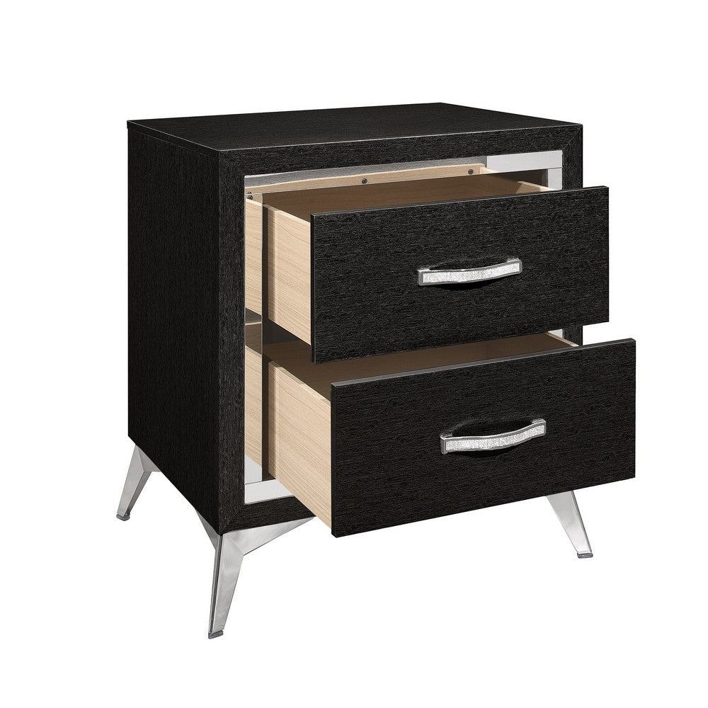 Haya 24 Inch 2 Drawer Nightstand Embossed Jet Black Wood Silver Trim By Casagear Home BM304794