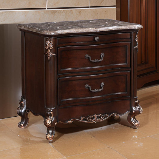 Leon 32 Inch 2 Drawer Nightstand, Carved Details, Marble Surface, Brown By Casagear Home