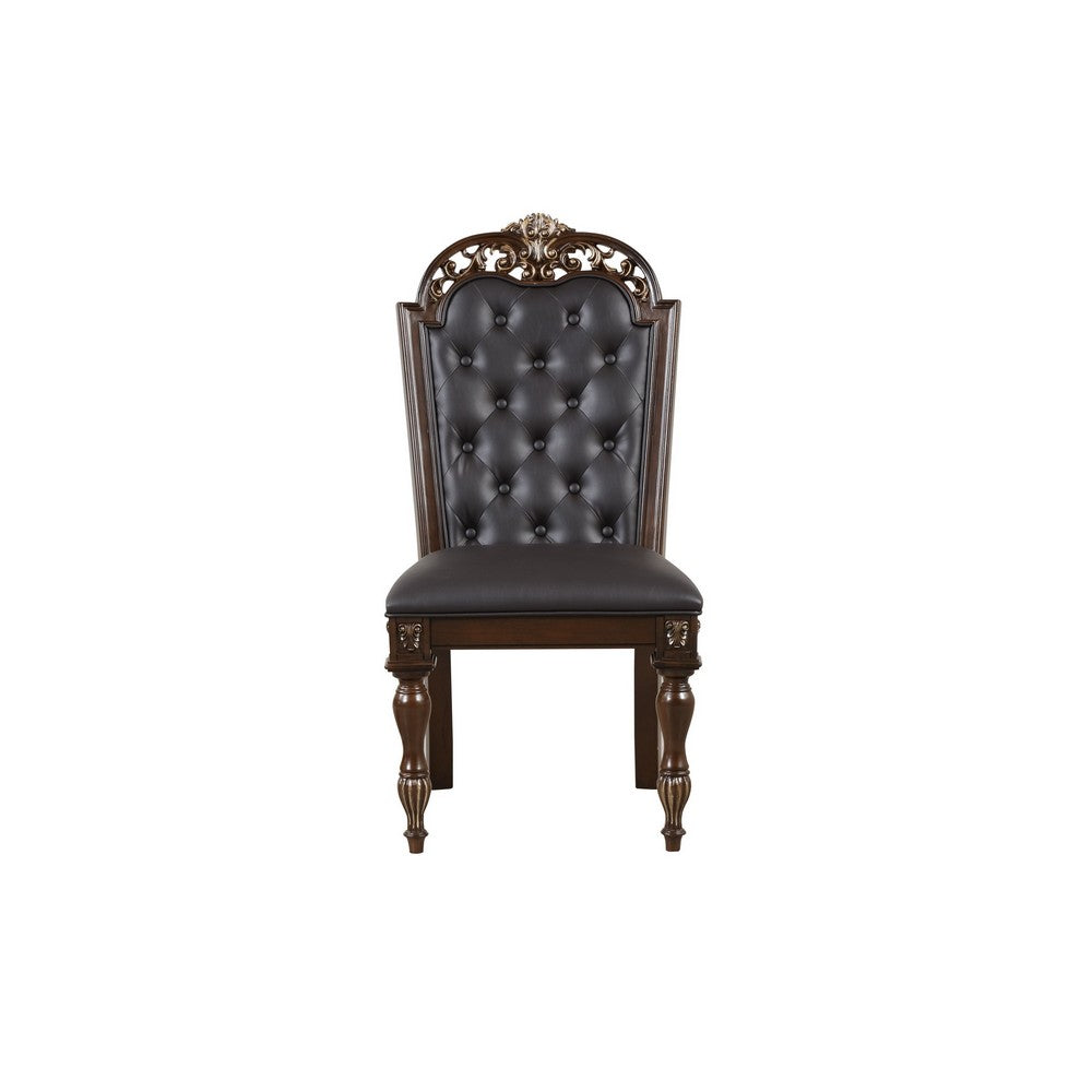 Mitch 21 Inch Tufted Dining Chair Carved Details Faux Leather Seat Brown By Casagear Home BM304821