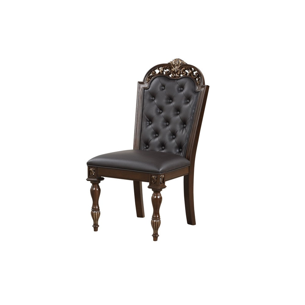 Mitch 21 Inch Tufted Dining Chair Carved Details Faux Leather Seat Brown By Casagear Home BM304821