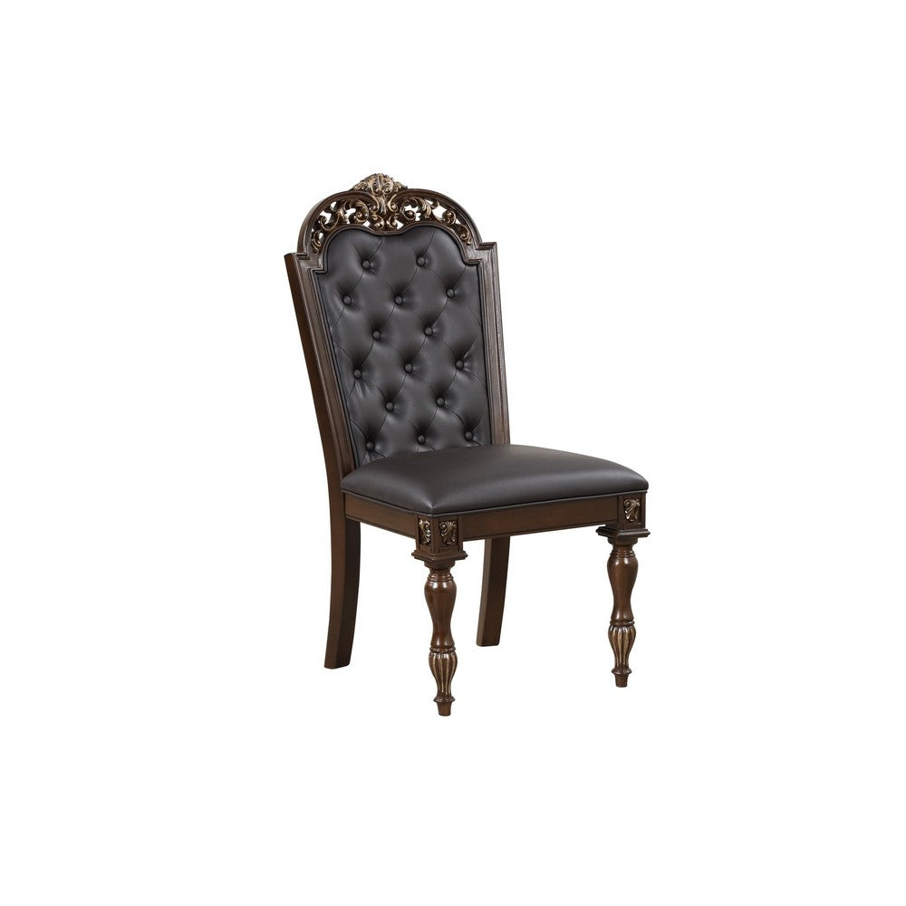 Mitch 21 Inch Tufted Dining Chair Carved Details Faux Leather Seat Brown By Casagear Home BM304821