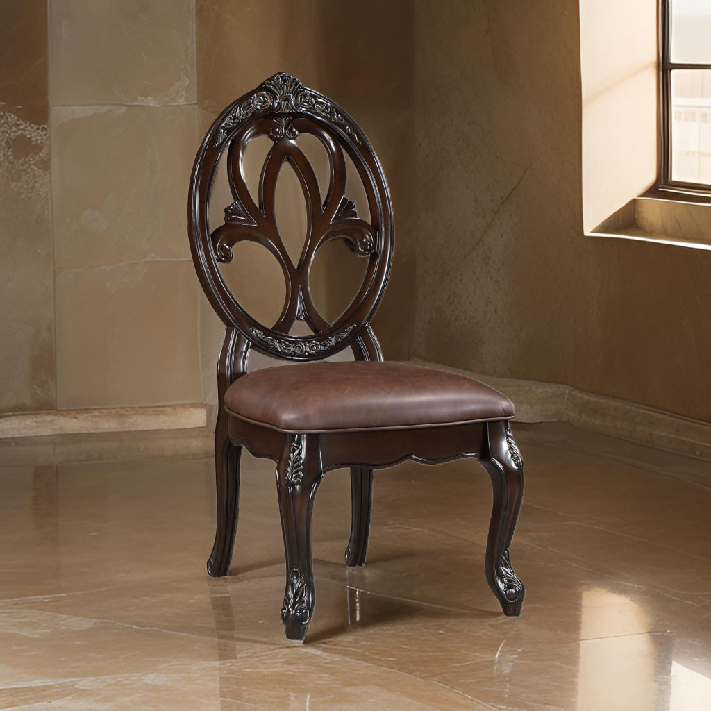 Cran 21 Inch Dining Side Chair, Carved Details, Faux Leather Seat, Brown By Casagear Home