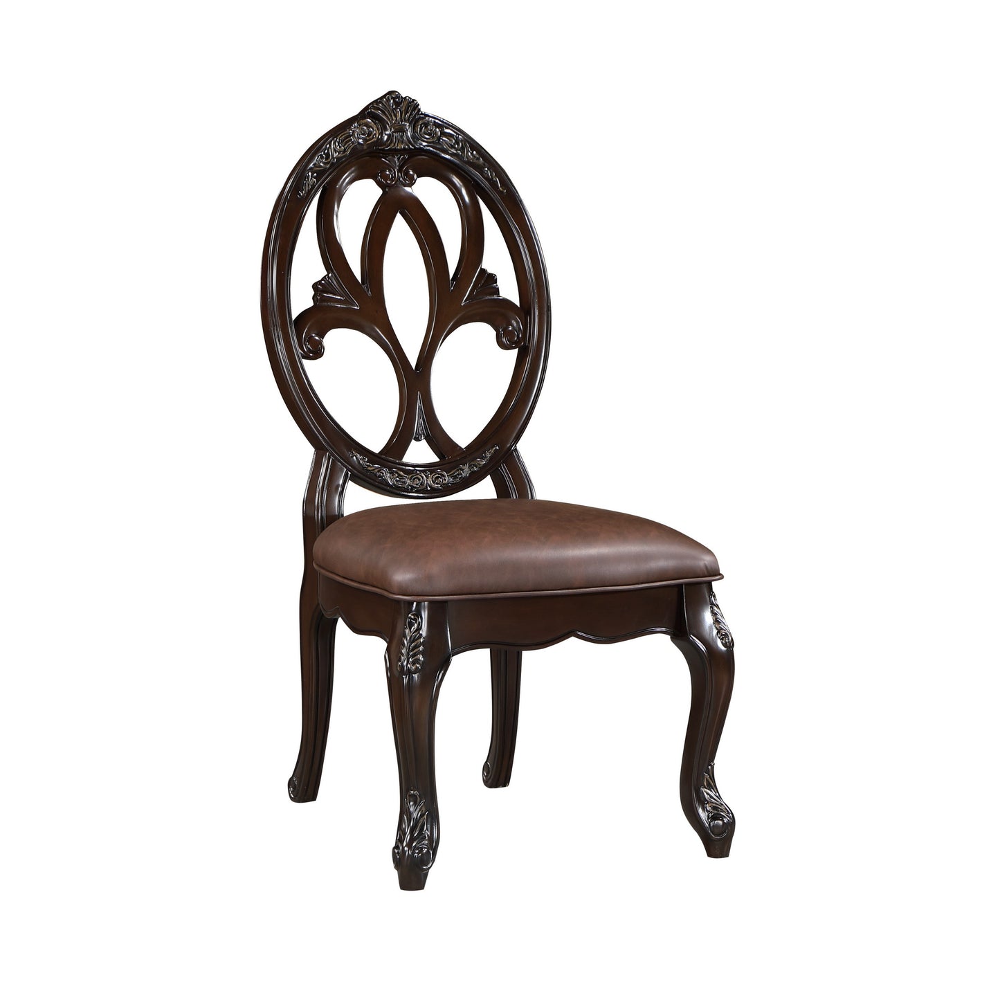 Cran 21 Inch Dining Side Chair Carved Details Faux Leather Seat Brown By Casagear Home BM304831