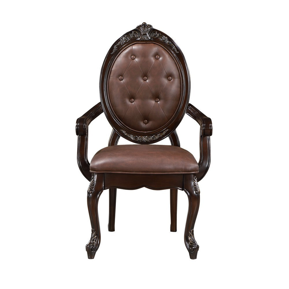 Cran 24 Inch Dining Armchair Carved Details Faux Leather Seat Brown By Casagear Home BM304832