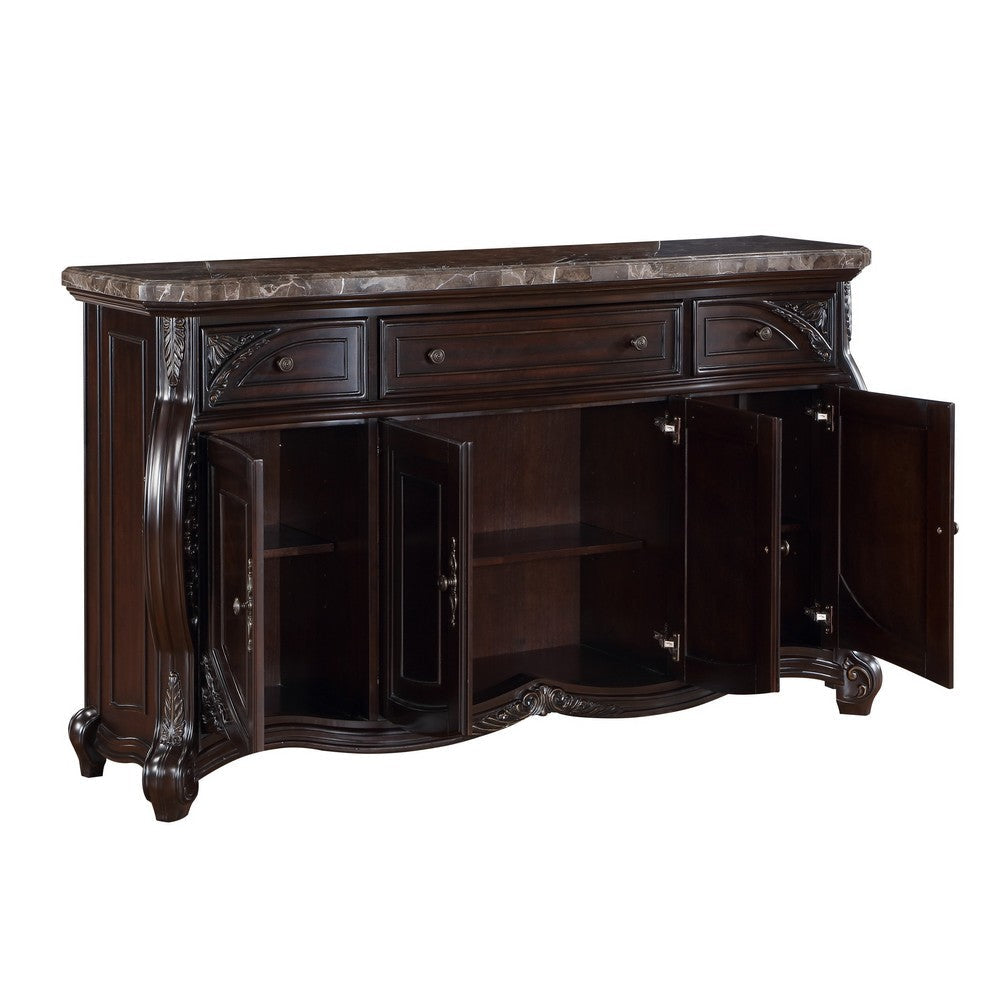 Cran 68 Inch Carved Server 3 Drawers 3 Cabinets Faux Marble Top Brown By Casagear Home BM304833