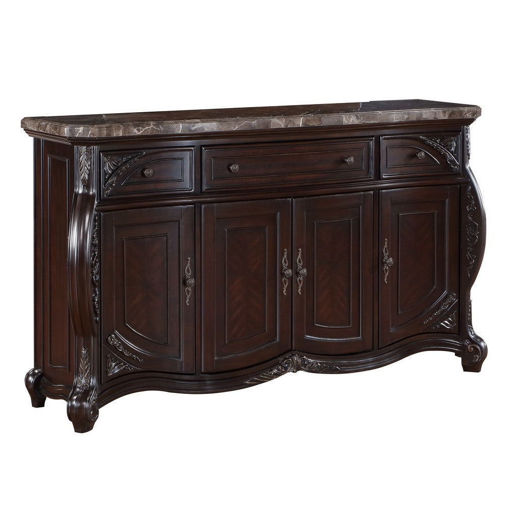 Cran 68 Inch Carved Server, 3 Drawers, 3 Cabinets, Faux Marble Top, Brown By Casagear Home