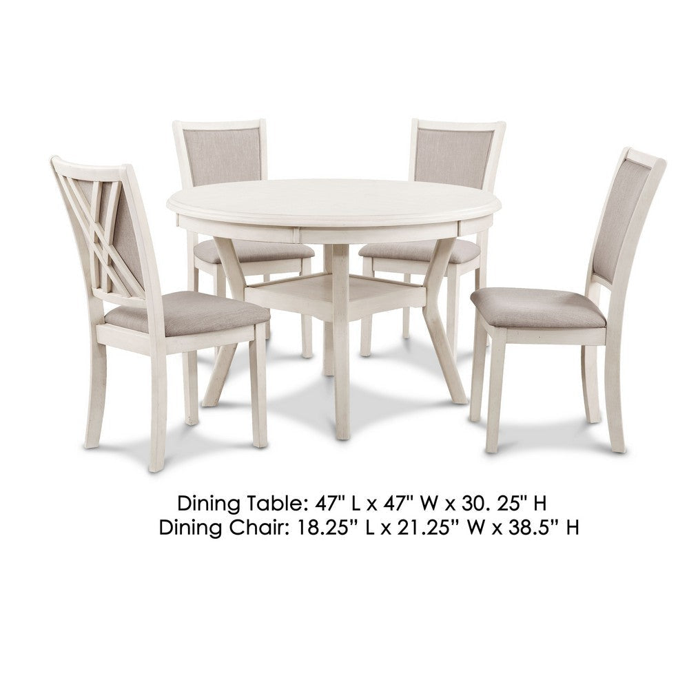 Aine 5 Piece Round Dining Table and Chair Set White Wood Fabric Seat By Casagear Home BM304836