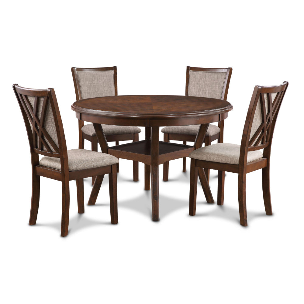 Aine 5 Piece Round Dining Table Chair Set Cherry Brown Wood Fabric Seat By Casagear Home BM304837