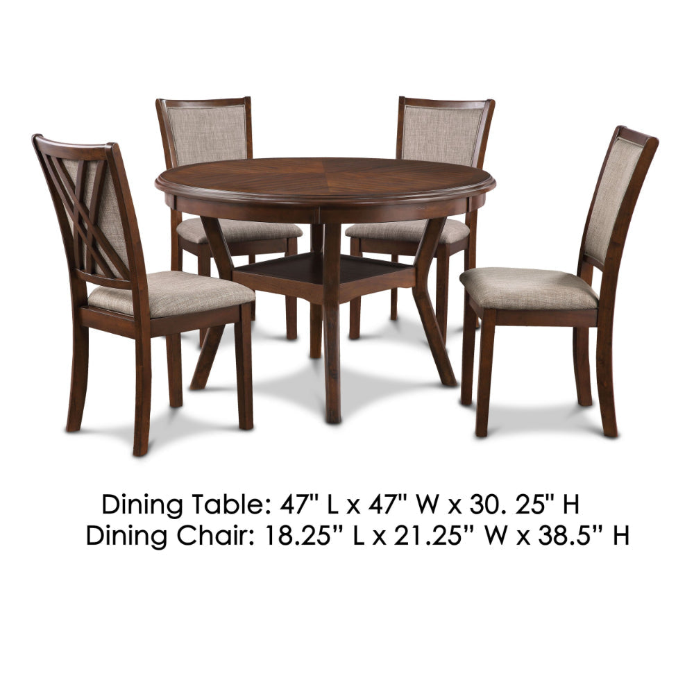 Aine 5 Piece Round Dining Table Chair Set Cherry Brown Wood Fabric Seat By Casagear Home BM304837