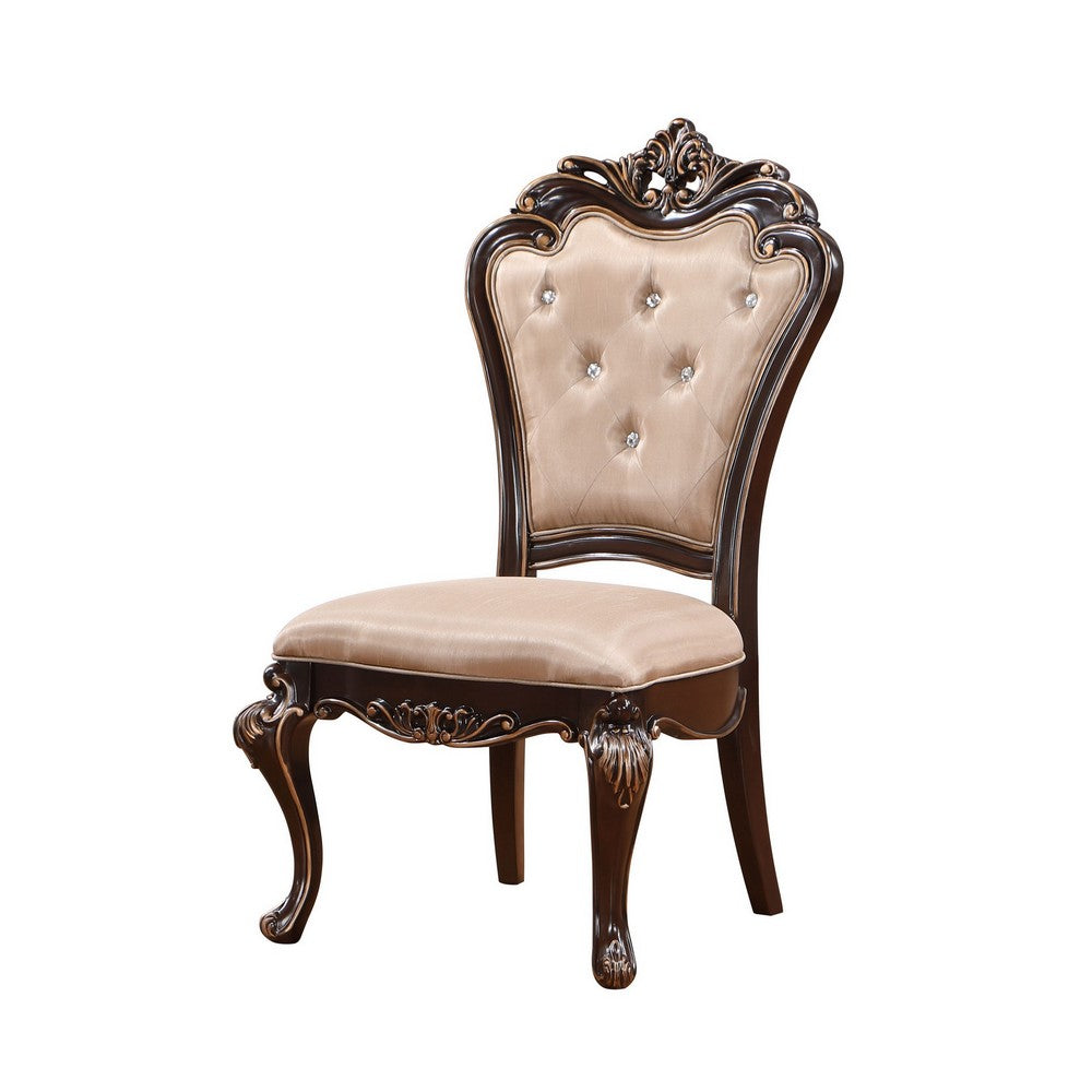 Leon 22 Inch Set of 2 Tufted Dining Chairs Cherry Brown Wood Beige Fabric By Casagear Home BM304844