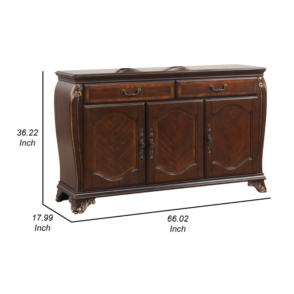 Mike 66 Inch Carved Buffet Server 2 Drawers 2 Cabinets Cherry Brown Wood By Casagear Home BM304855