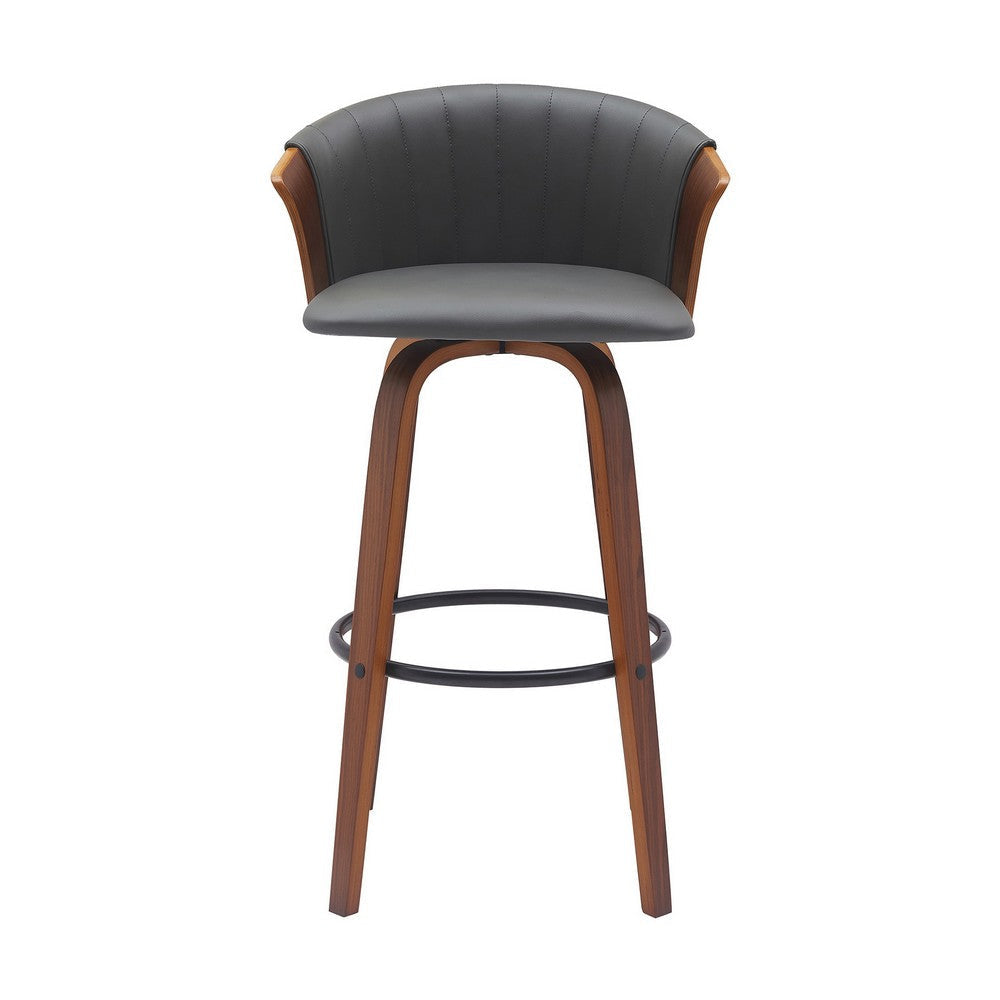 Oja 30 Inch Swivel Barstool Chair Gray Faux Leather Curved Walnut Brown By Casagear Home BM304903