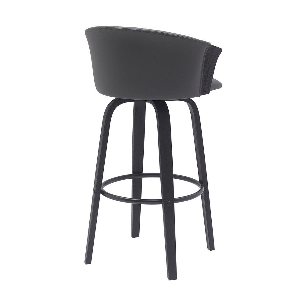 Oja 30 Inch Swivel Barstool Chair Faux Leather Curved Back Black Wood By Casagear Home BM304906