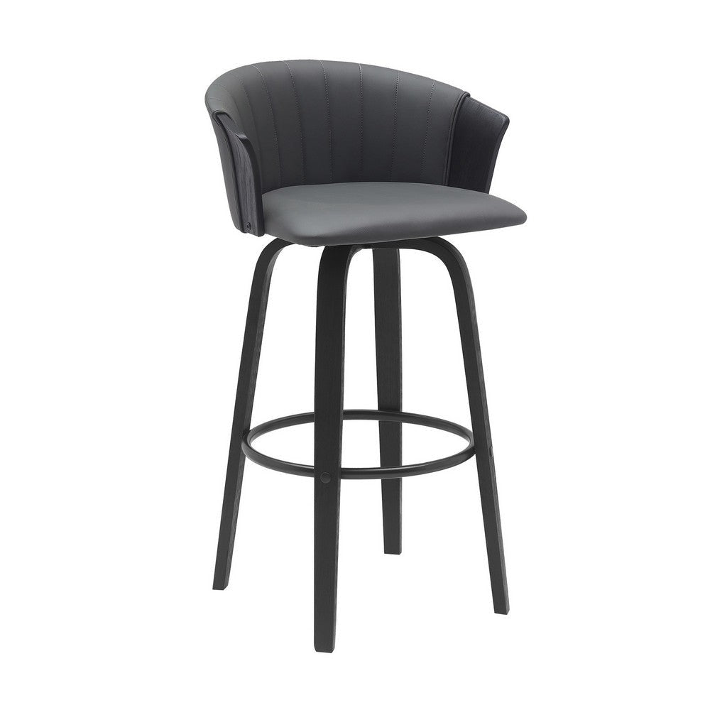 Oja 30 Inch Swivel Barstool Chair Faux Leather Curved Back Black Wood By Casagear Home BM304906