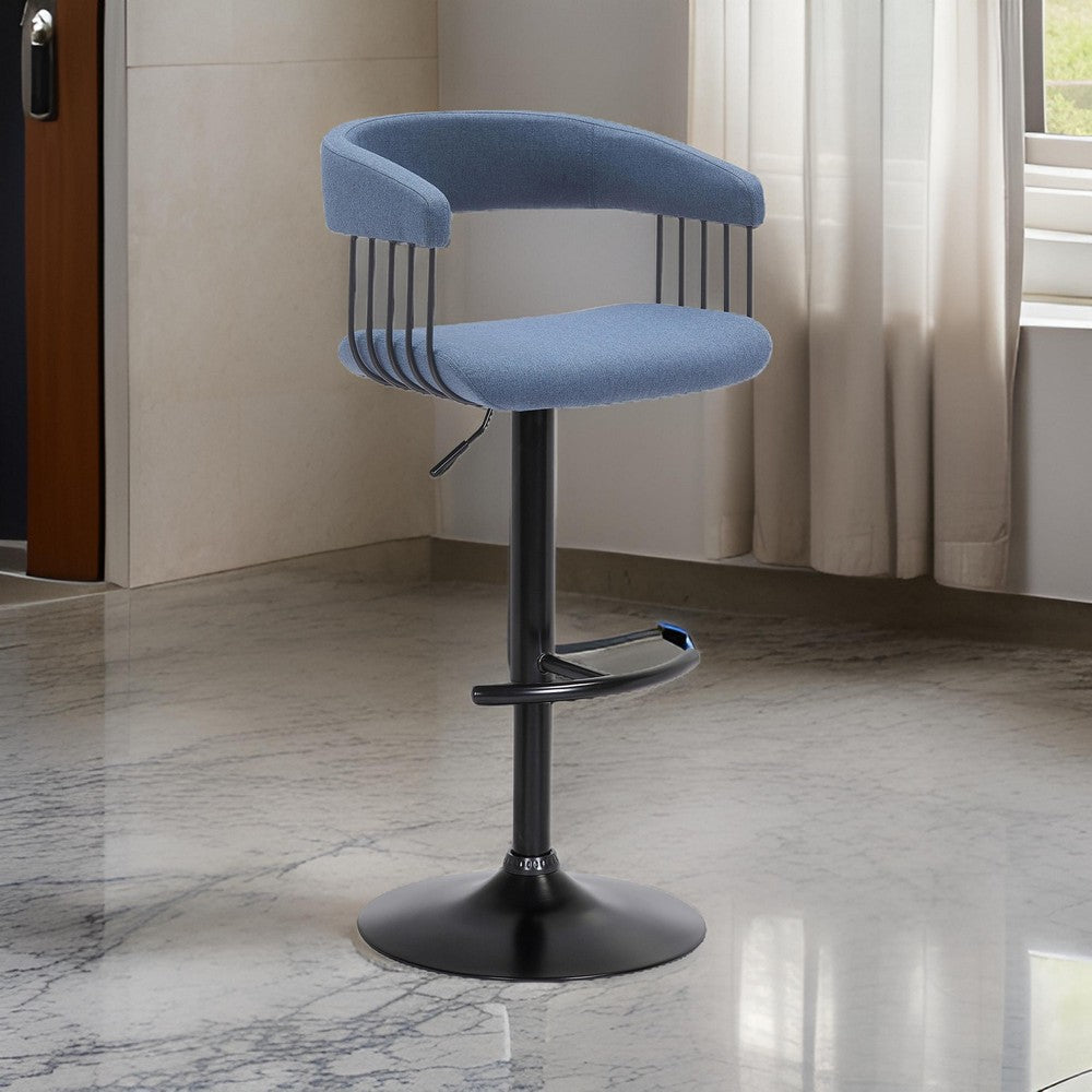 Arya Barstool Chair, 24-33 Inch Adjustable Height, Light Blue Fabric, Black By Casagear Home