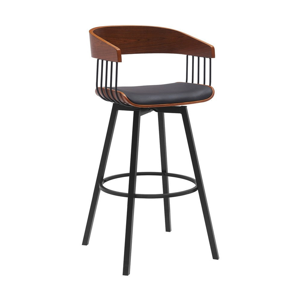 Vera 31 Inch Swivel Barstool Chair Curved Open Back Walnut Brown Black By Casagear Home BM304954