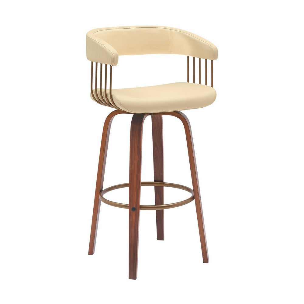 Maya 31 Inch Swivel Barstool Chair Cream Faux Leather Bronze Walnut Brown By Casagear Home BM304964