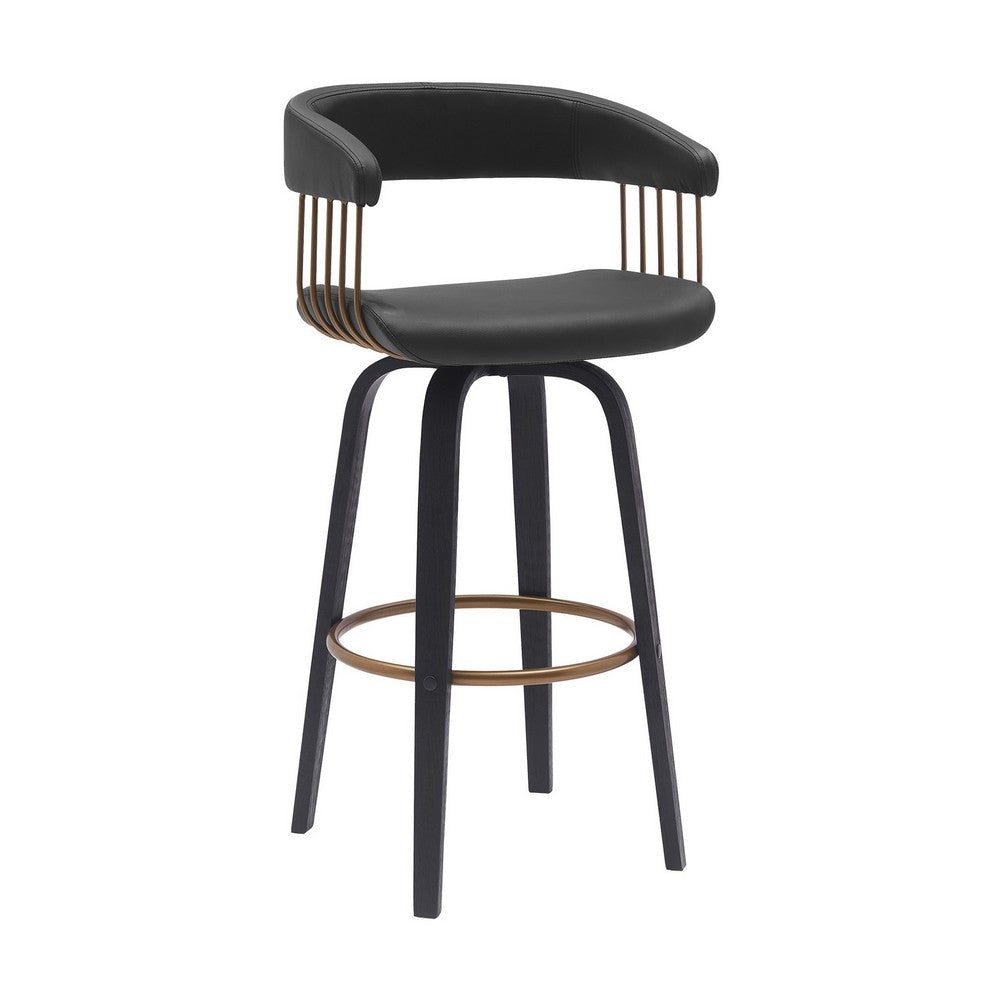 Maya 31 Inch Swivel Barstool Chair Black Faux Leather Bronze Metal Slats By Casagear Home BM304967