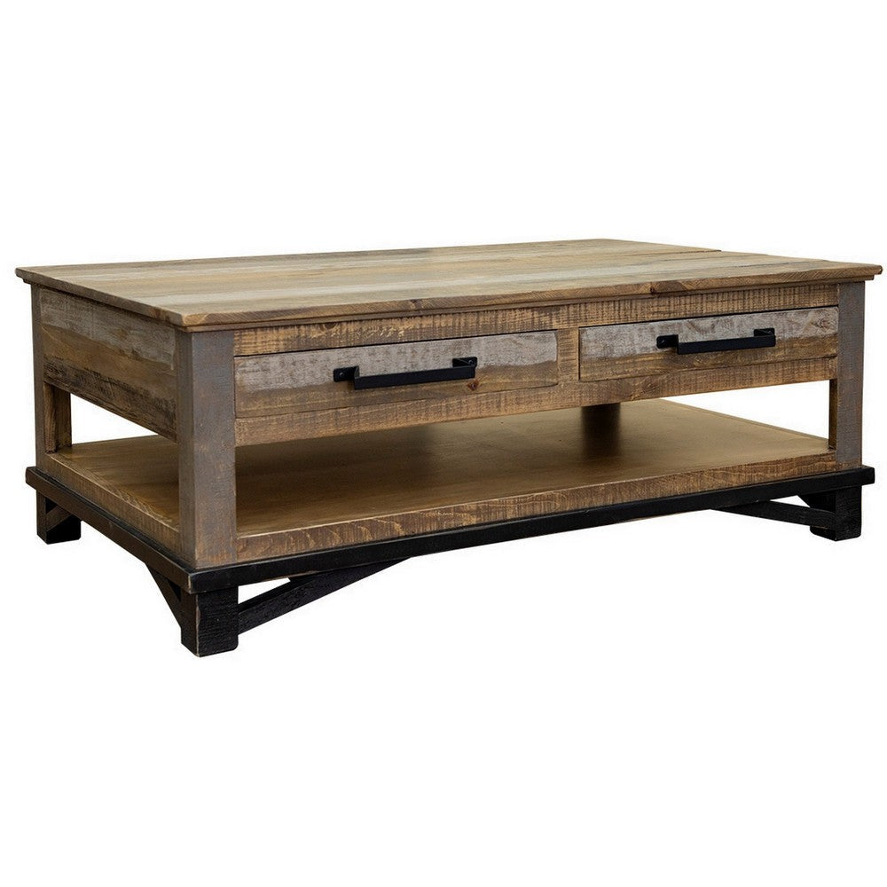 Peya 50 Inch 4 Drawer Coffee Table Shelf Distressed Gray Brown Pine Wood By Casagear Home BM305687