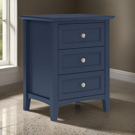 Fritz 30 Inch Nightstand, 3 Drawers Nickel Round Handles, Solid Wood, Blue By Casagear Home