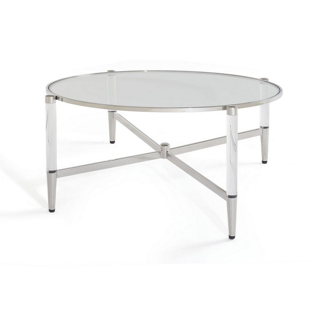 Mase 40 Inch Round Coffee Table Glass Top Clear Acrylic Legs Steel Frame By Casagear Home BM306052