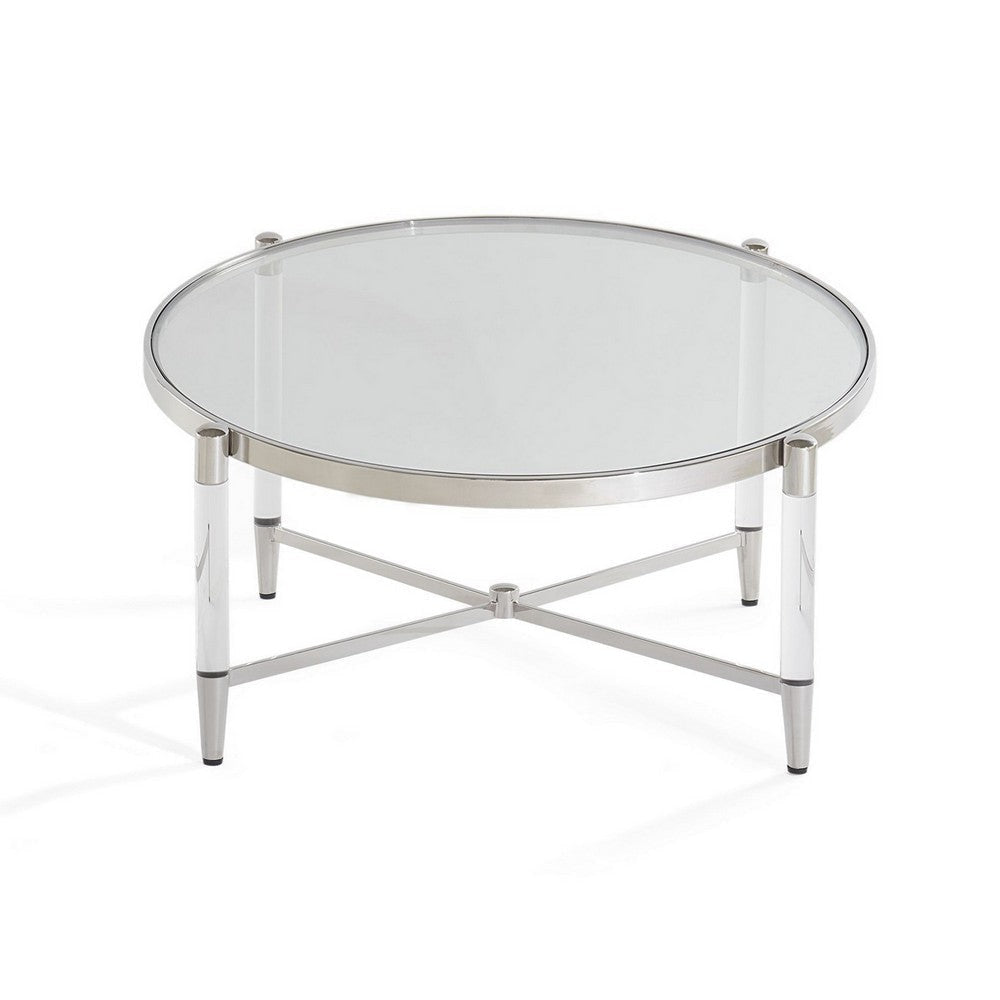 Mase 40 Inch Round Coffee Table Glass Top Clear Acrylic Legs Steel Frame By Casagear Home BM306052