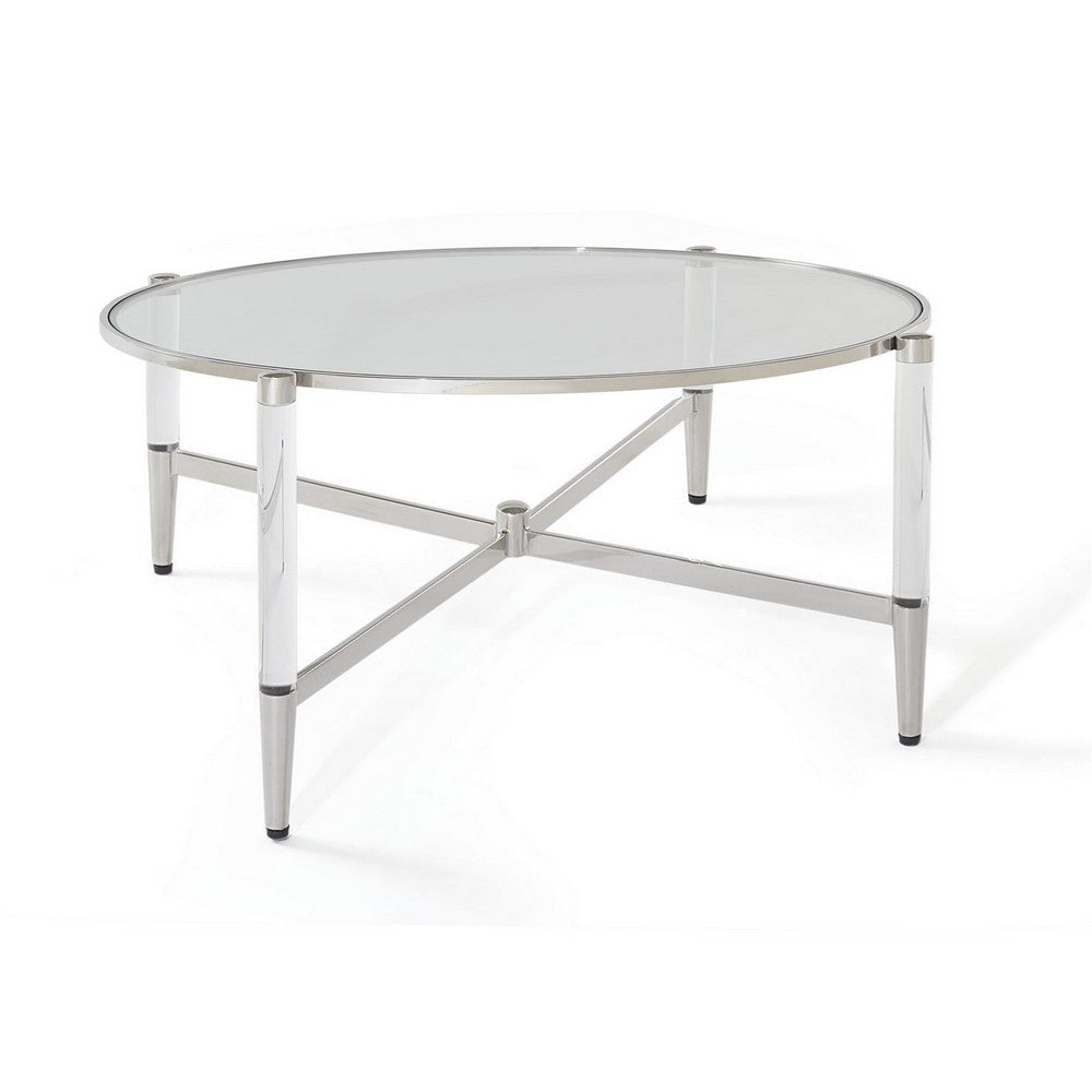 Mase 40 Inch Round Coffee Table Glass Top Clear Acrylic Legs Steel Frame By Casagear Home BM306052