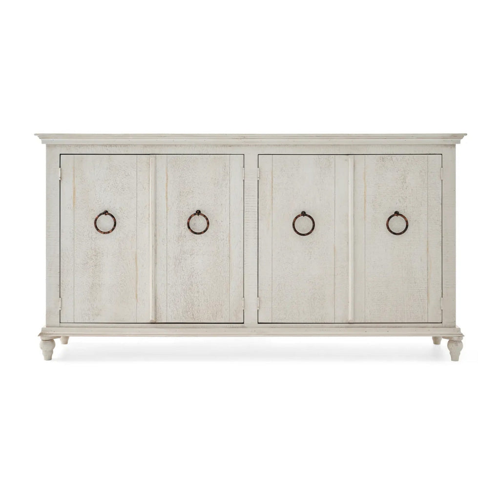 Cip 74 Inch 4 Door Console Table with Fixed Shelf Distressed Ivory Pine By Casagear Home BM306518