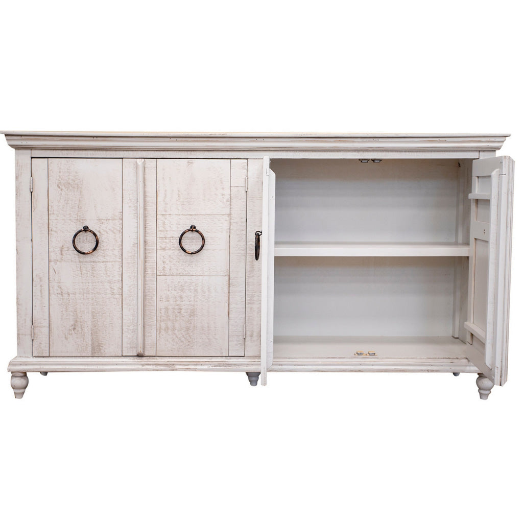 Cip 74 Inch 4 Door Console Table with Fixed Shelf Distressed Ivory Pine By Casagear Home BM306518