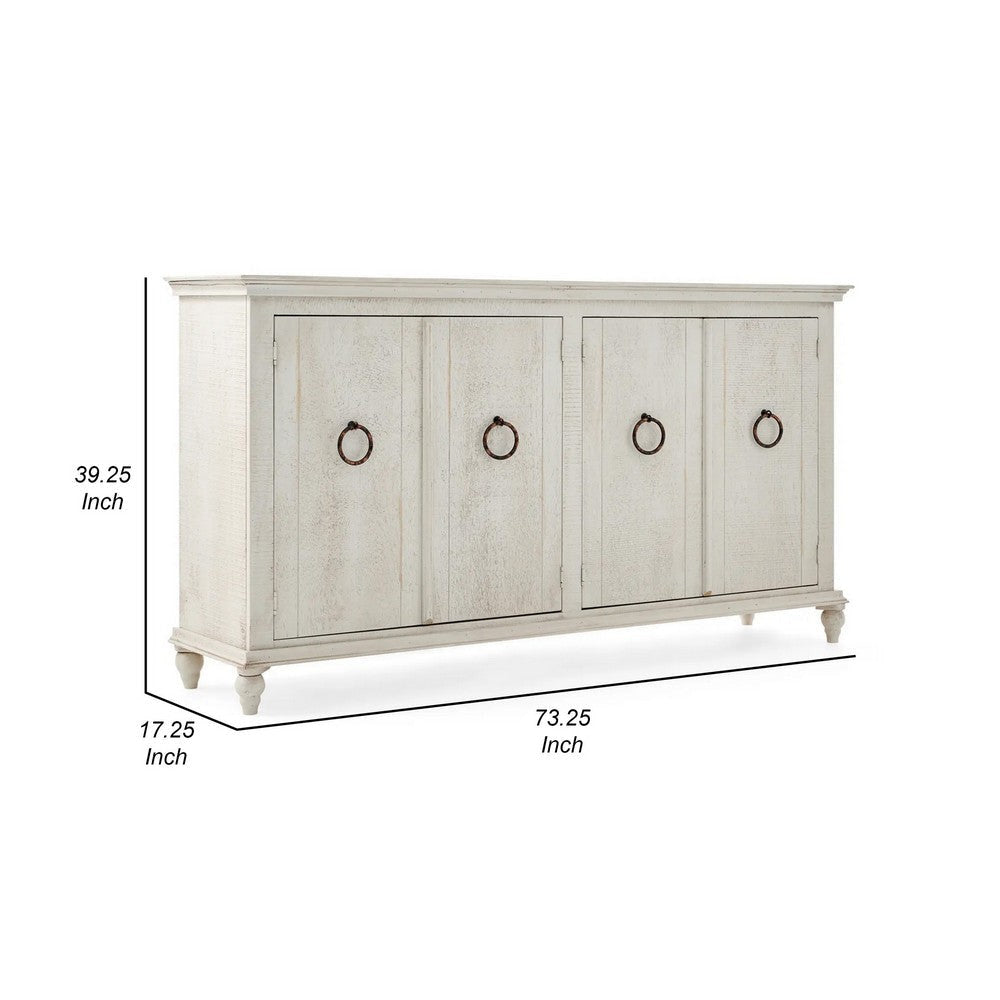 Cip 74 Inch 4 Door Console Table with Fixed Shelf Distressed Ivory Pine By Casagear Home BM306518