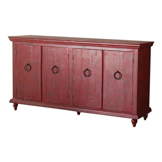 Cip 74 Inch 4 Door Console Table, Fixed Shelf, Distressed Red Pine Wood By Casagear Home