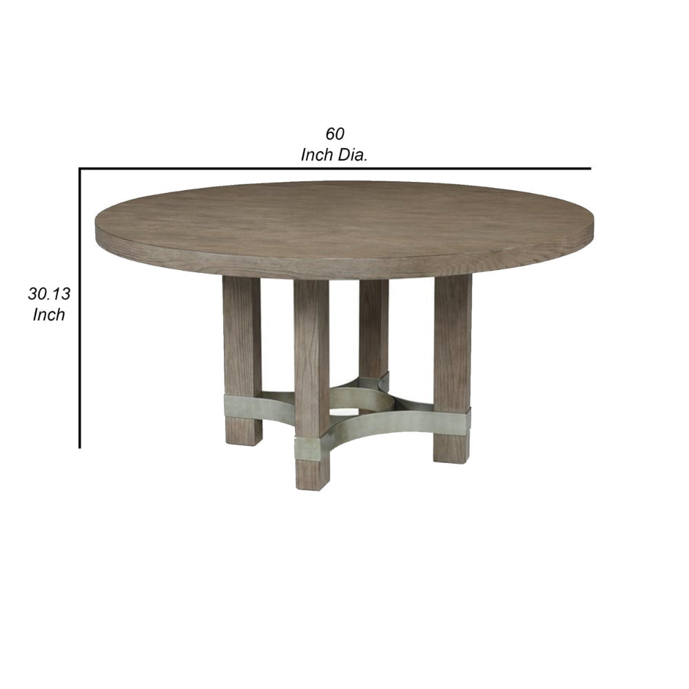 Afu 60 Inch Round Dining Table Metal Stretchers Wood Pedestal Base Brown By Casagear Home BM306619