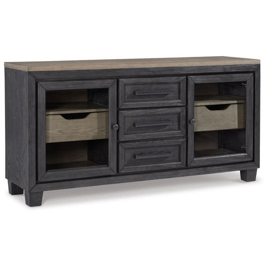 64 Inch Sideboard Buffet Server, 2 Cabinets, Drawers, Gray Brown, Black By Casagear Home