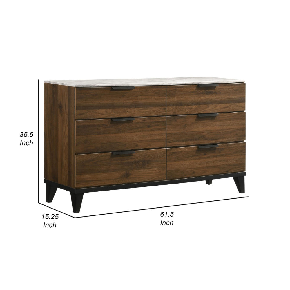 Urf 62 Inch Dresser 6 Drawers Faux White Marble Top Dark Brown Wood By Casagear Home BM306641