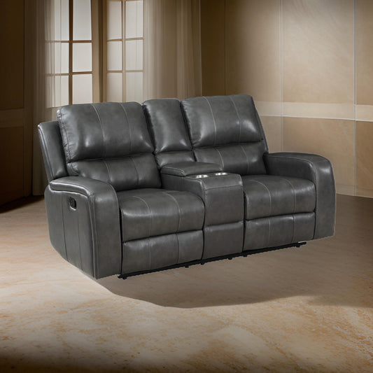 Elle 72 Inch Manual Recliner Loveseat, Console, Leather Upholstery, Gray By Casagear Home