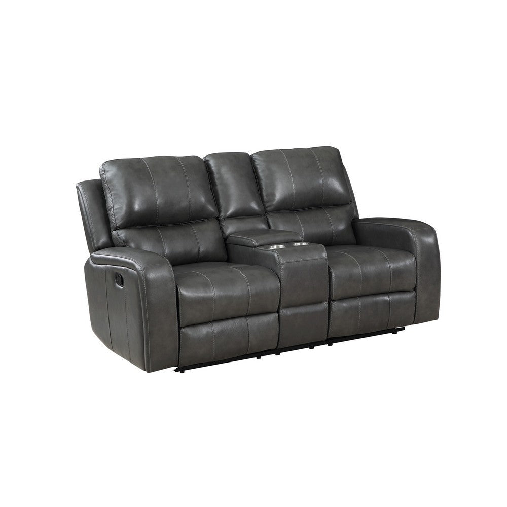 Elle 72 Inch Manual Recliner Loveseat, Console, Leather Upholstery, Gray By Casagear Home