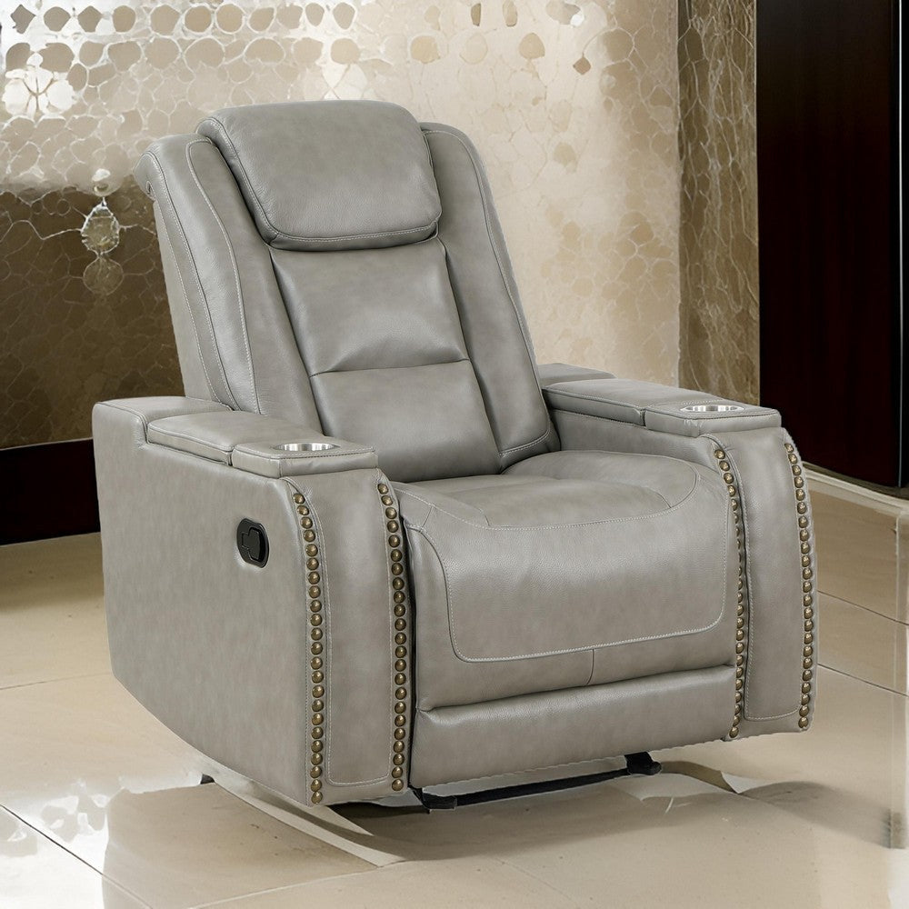 Luxe 39 Inch Manual Recliner Genuine Leather Smooth Gray Upholstery By Casagear Home BM306699