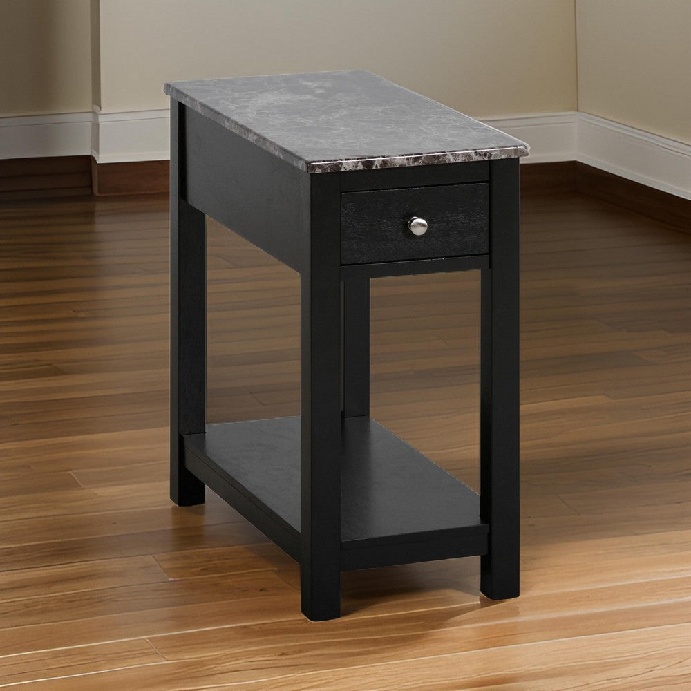 Zeva 24 Inch Modern Narrow Side Table, Faux Marble Top, Single Drawer, Black By Casagear Home