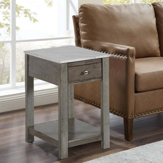 Zeva 24 Inch Narrow Side End Table, Faux Marble Top, 1 Drawer, Gray By Casagear Home