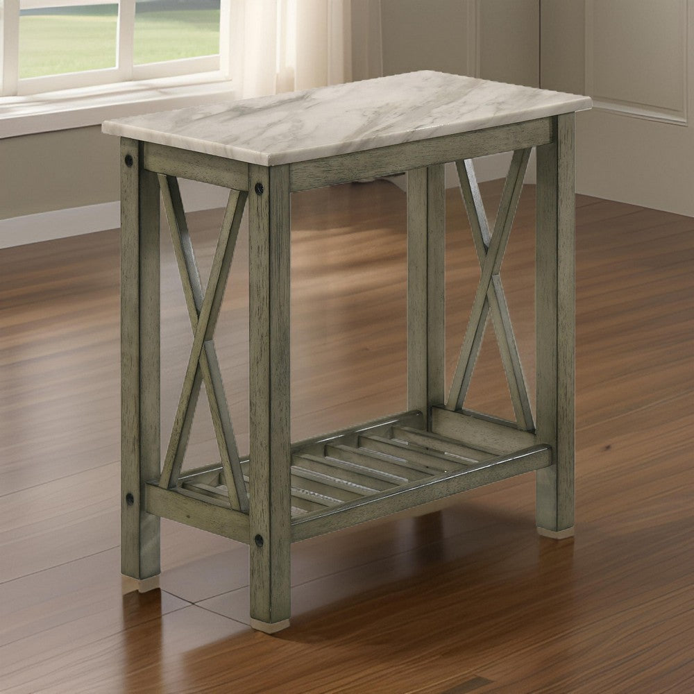 Elena 24 Inch Narrow Side Table Lower Slatted Shelf Faux Marble Gray By Casagear Home BM306724