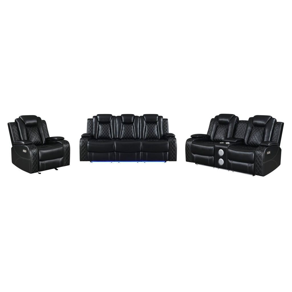 Nova 85 Inch Dual Power Recliner Sofa Theater Lit Faux Leather Black By Casagear Home BM306737